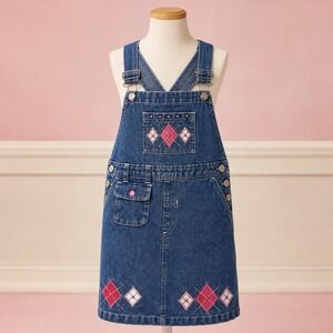 No Kidding Girls Size 4/5 Denim Overall Skirt 90s Y2K Embroidered Pink Red